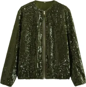 2023 Women's Sequin Jackets Long Sleeve Winter Baseball Coats Full Zip Sweatshirts Trendy Elegant Party Outwear Tops