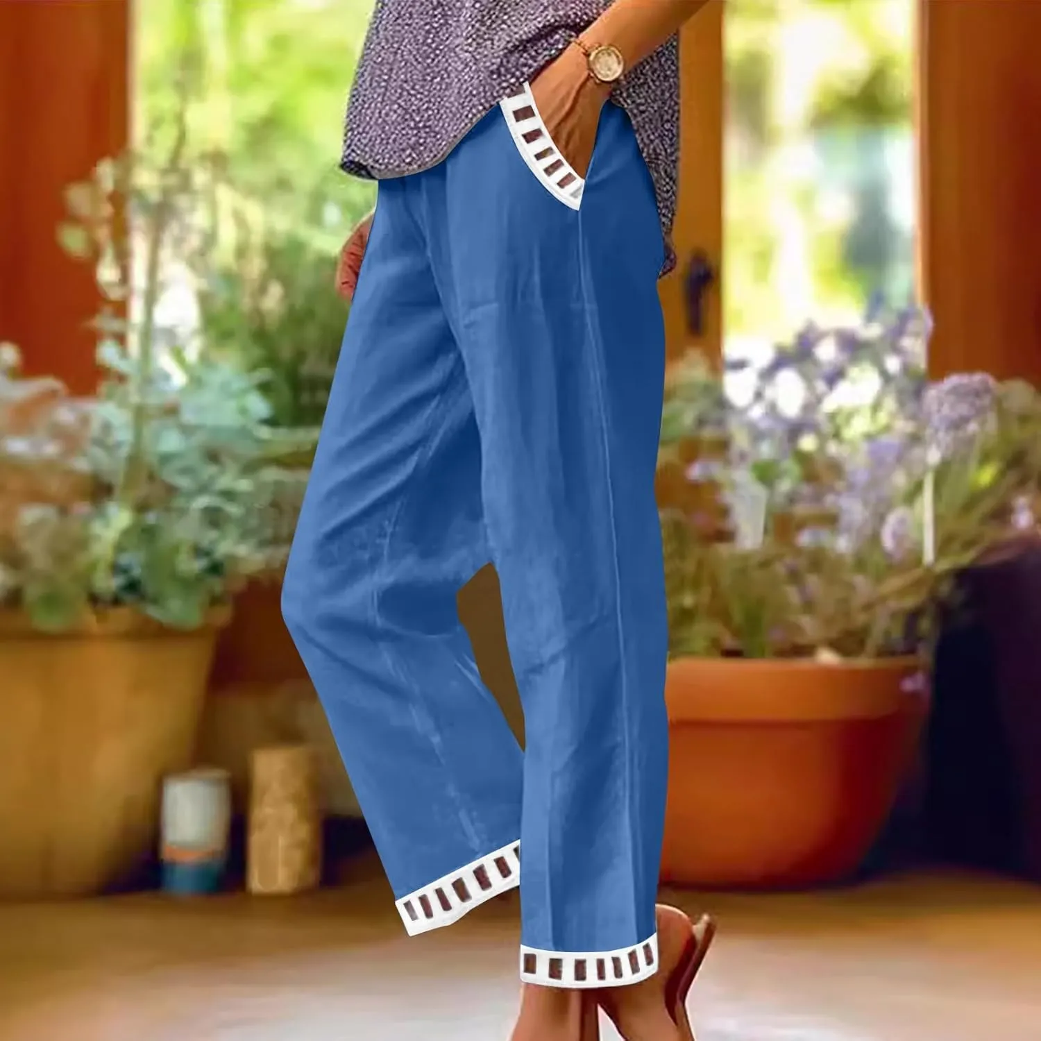 2025 Womens Capri Lace Linen Pants, Casual Summer Drawstring Elastic High Waist Pant Straight Cropped Trouser