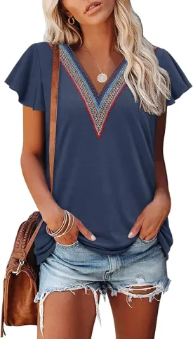 Angerella Short Sleeve Lace V Neck Shirts for Women Floral Print Tunic Tops Blouses