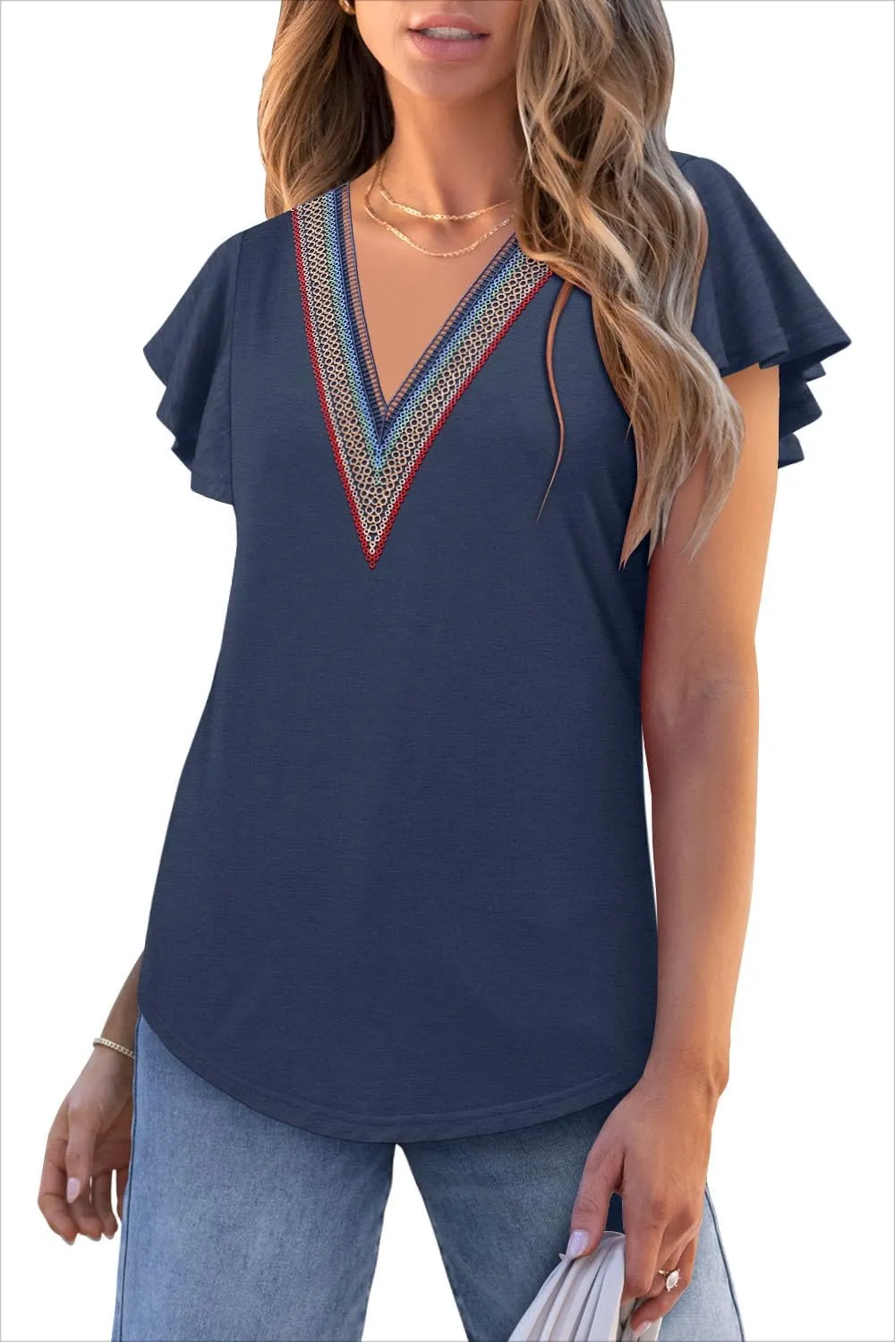 Angerella Short Sleeve Lace V Neck Shirts for Women Floral Print Tunic Tops Blouses
