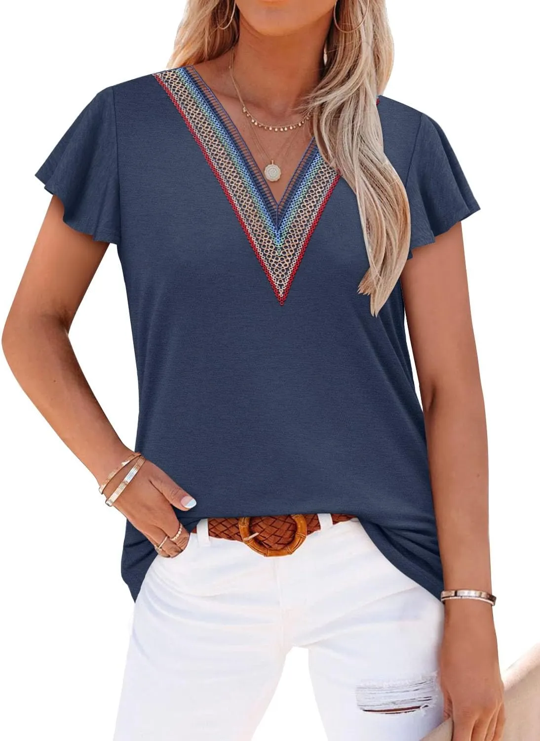 Angerella Short Sleeve Lace V Neck Shirts for Women Floral Print Tunic Tops Blouses