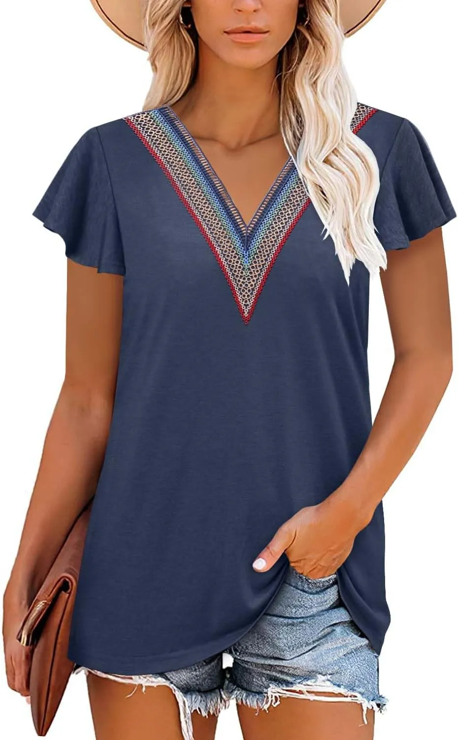 Angerella Short Sleeve Lace V Neck Shirts for Women Floral Print Tunic Tops Blouses