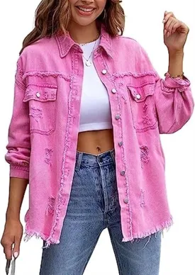 AYGJKIE Women's Oversized Frayed Lightweight Denim Jacket Button Down Ripped Distressed Jean Shacket