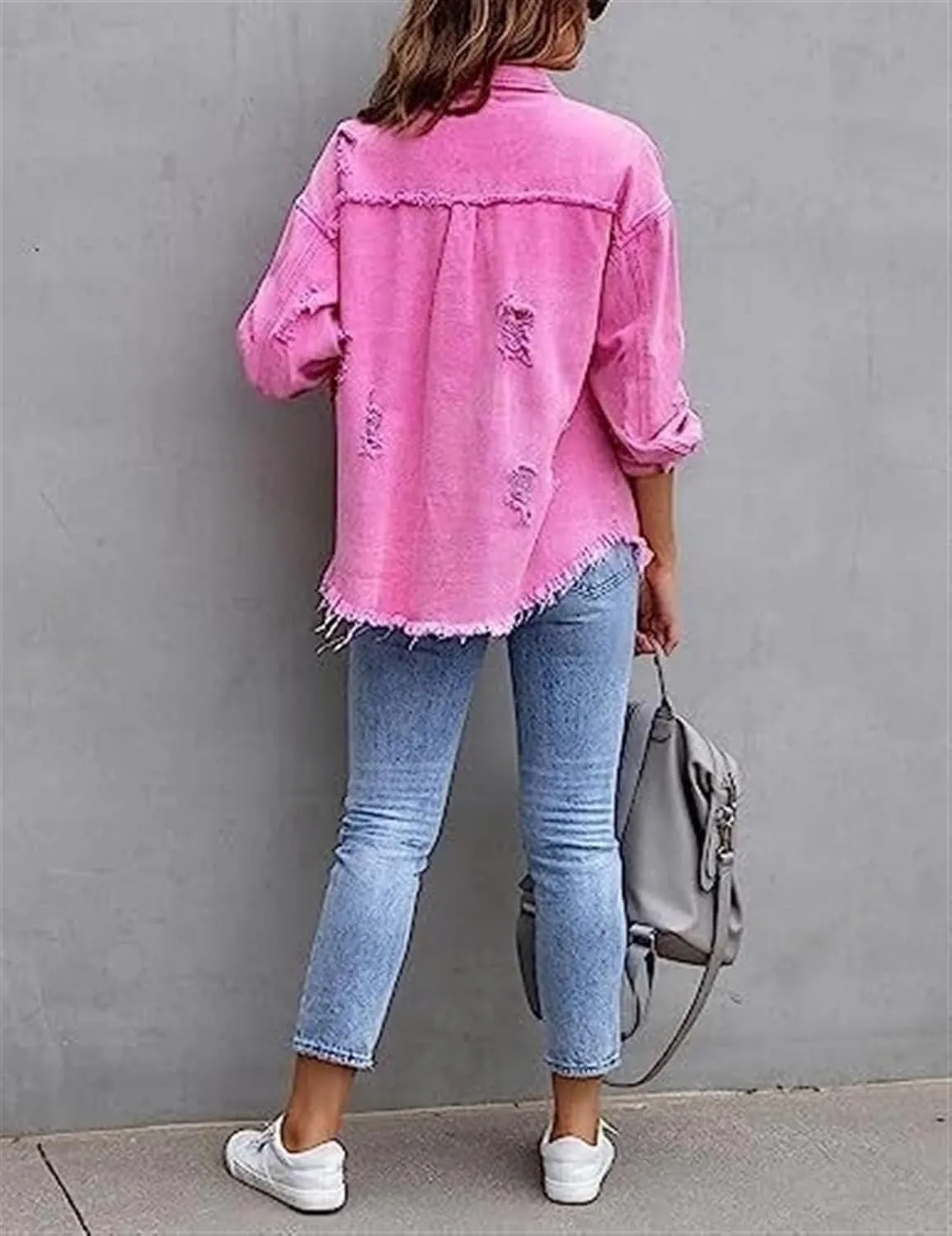AYGJKIE Women's Oversized Frayed Lightweight Denim Jacket Button Down Ripped Distressed Jean Shacket