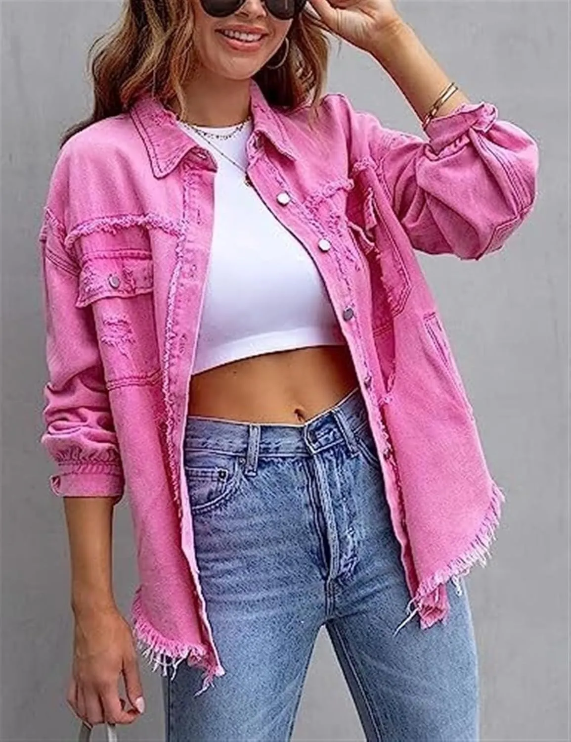 AYGJKIE Women's Oversized Frayed Lightweight Denim Jacket Button Down Ripped Distressed Jean Shacket