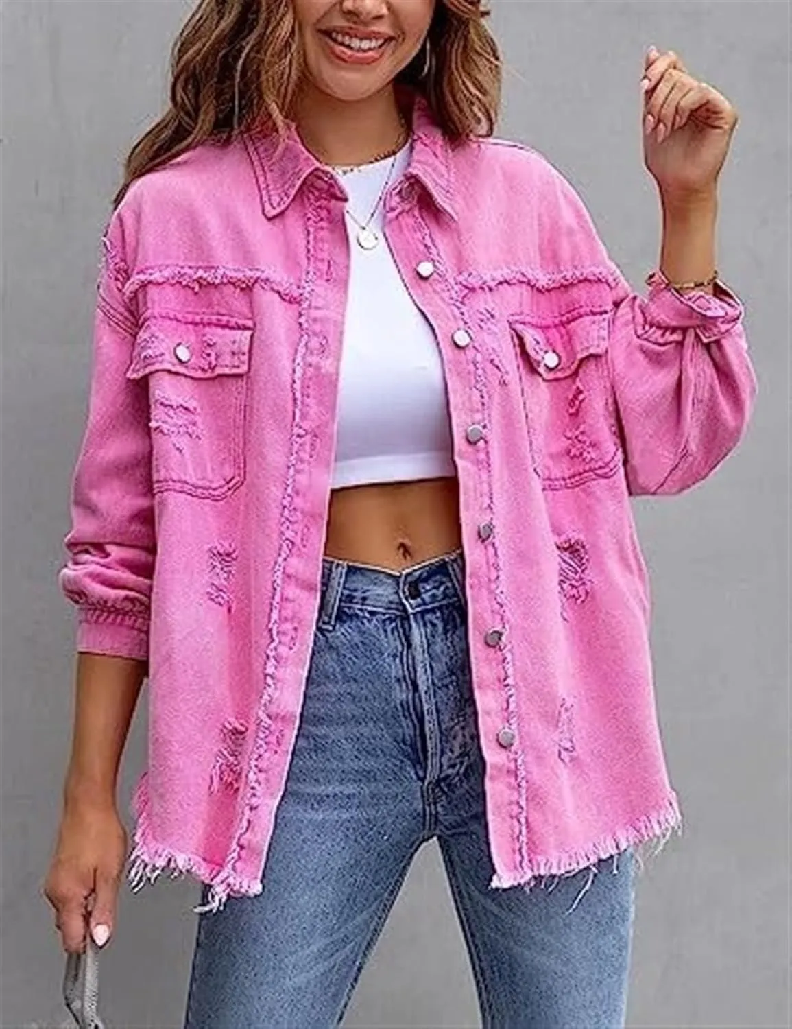 AYGJKIE Women's Oversized Frayed Lightweight Denim Jacket Button Down Ripped Distressed Jean Shacket