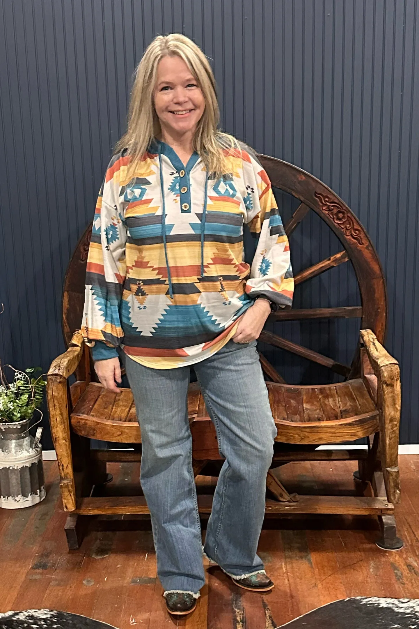 Aztec Print Button Detail Relaxed Fit Hoodie Turquoise