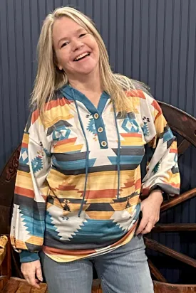 Aztec Print Button Detail Relaxed Fit Hoodie Turquoise