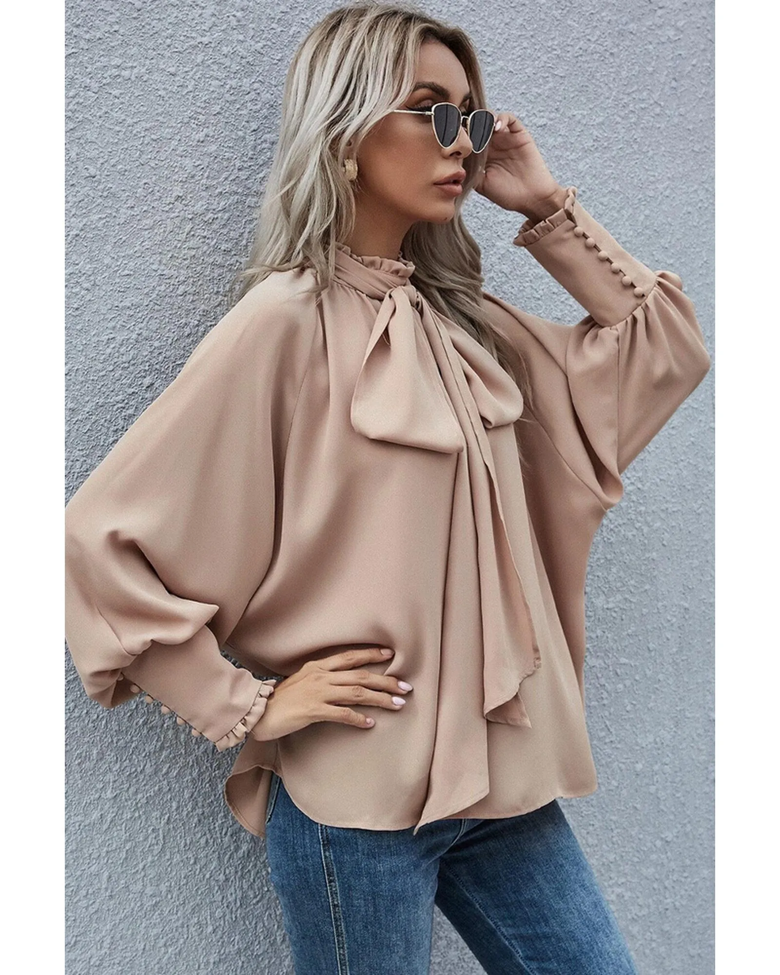 Azura Exchange Khaki Frilled Knotted Blouse with Bishop Sleeves - S