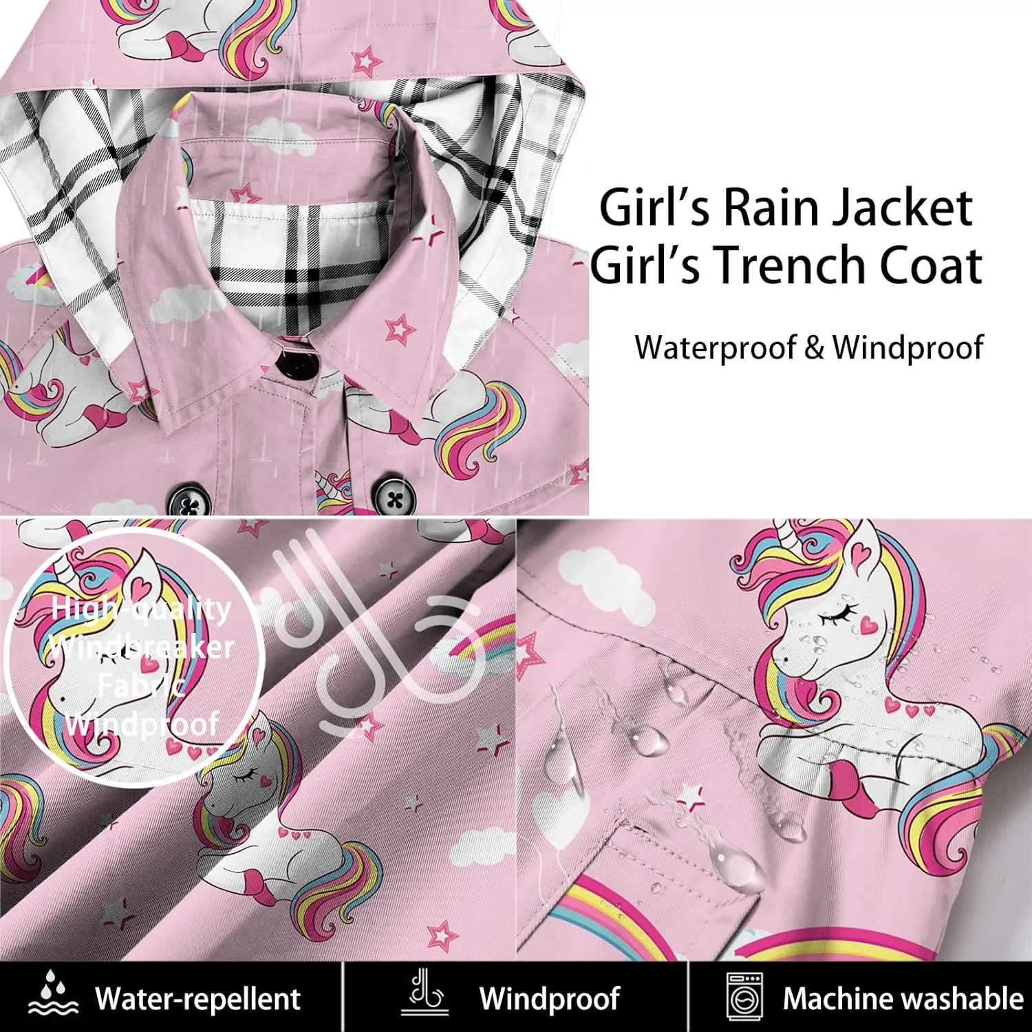 Betusline Girl's Hooded Rain Jackets Lightweight Print Waterproof Trench Coat Windbreaker Raincoats for Girls,2-14 Years