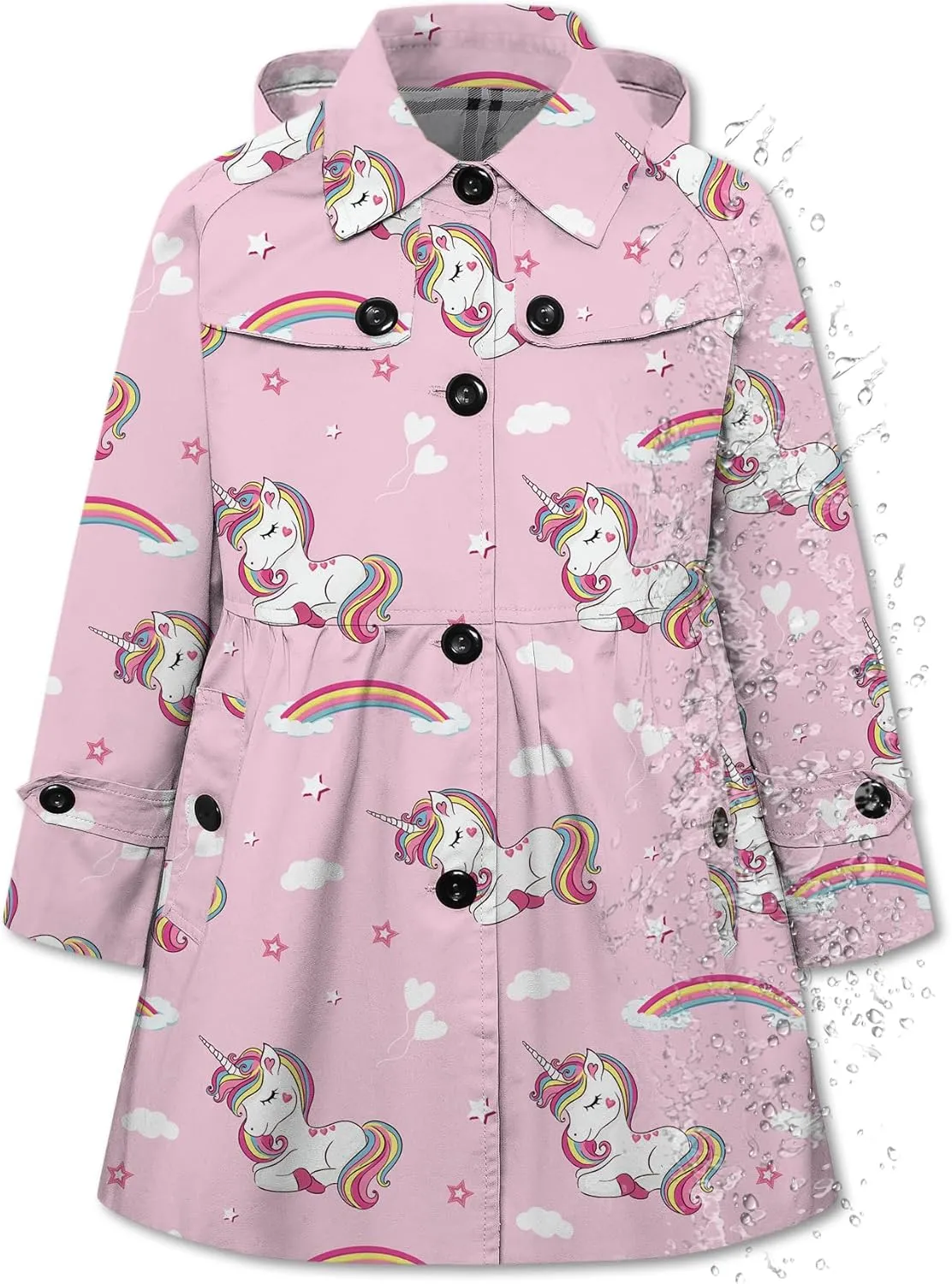 Betusline Girl's Hooded Rain Jackets Lightweight Print Waterproof Trench Coat Windbreaker Raincoats for Girls,2-14 Years