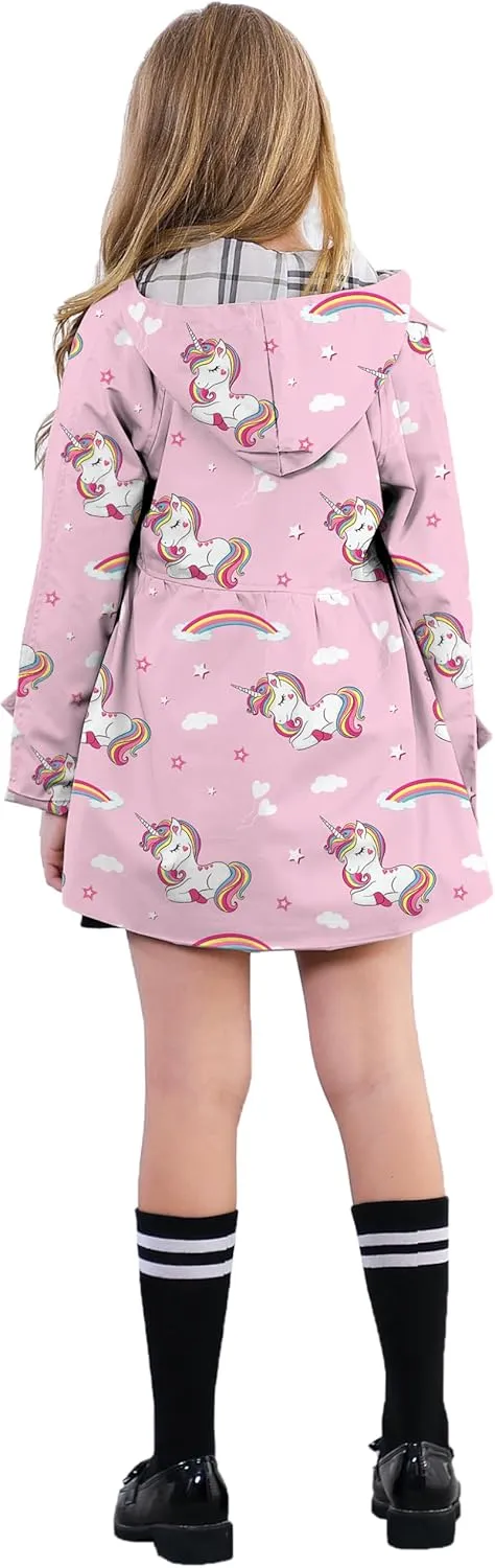 Betusline Girl's Hooded Rain Jackets Lightweight Print Waterproof Trench Coat Windbreaker Raincoats for Girls,2-14 Years