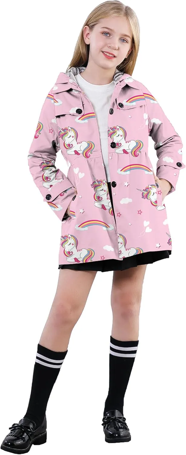 Betusline Girl's Hooded Rain Jackets Lightweight Print Waterproof Trench Coat Windbreaker Raincoats for Girls,2-14 Years