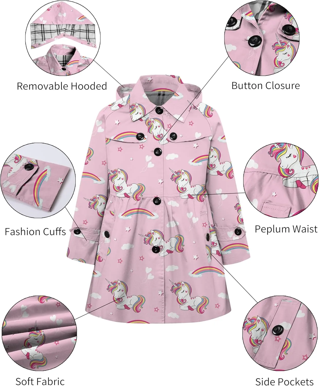 Betusline Girl's Hooded Rain Jackets Lightweight Print Waterproof Trench Coat Windbreaker Raincoats for Girls,2-14 Years