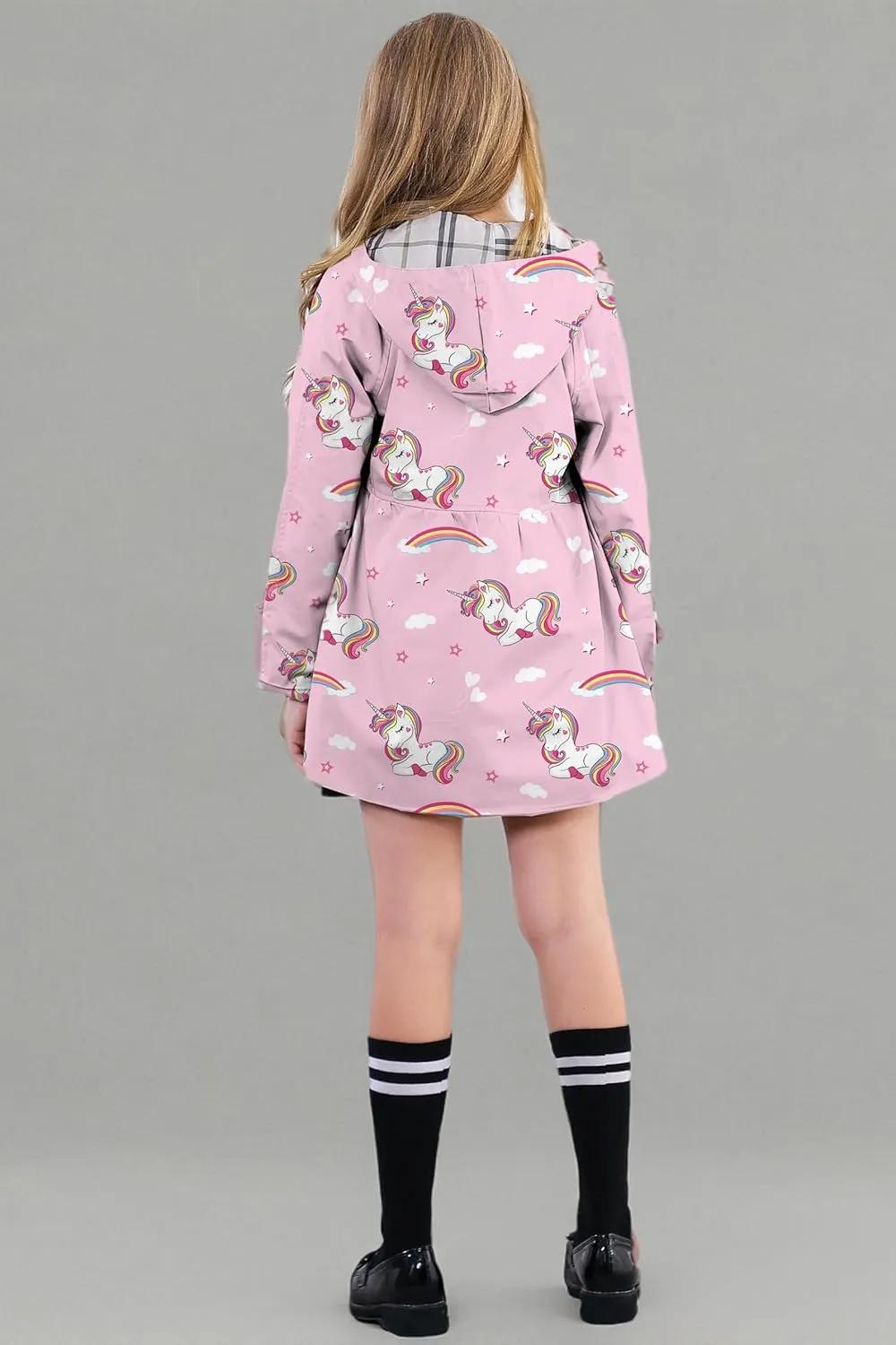 Betusline Girl's Hooded Rain Jackets Lightweight Print Waterproof Trench Coat Windbreaker Raincoats for Girls,2-14 Years