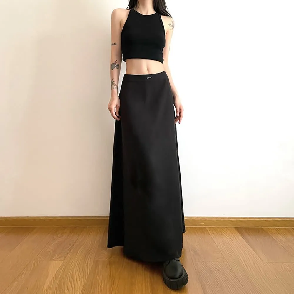 Black Minimalist High-Waisted Flowy Maxi Skirt