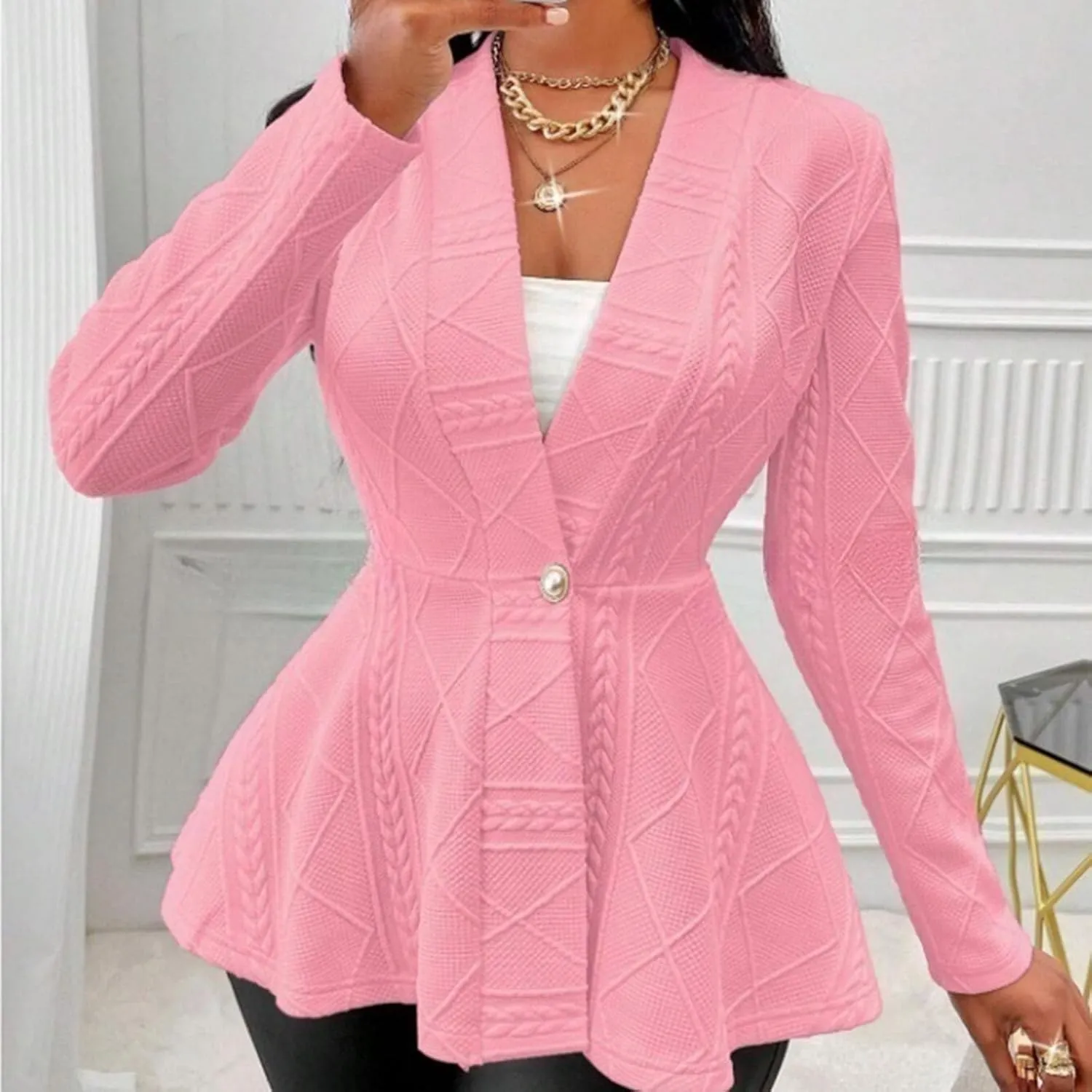 Blazer for Women Fashion Textured Ruffle Hem Blazer Long Sleeve V-Neck Single Button Shawl Collar Outerwear