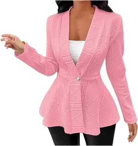 Blazer for Women Fashion Textured Ruffle Hem Blazer Long Sleeve V-Neck Single Button Shawl Collar Outerwear