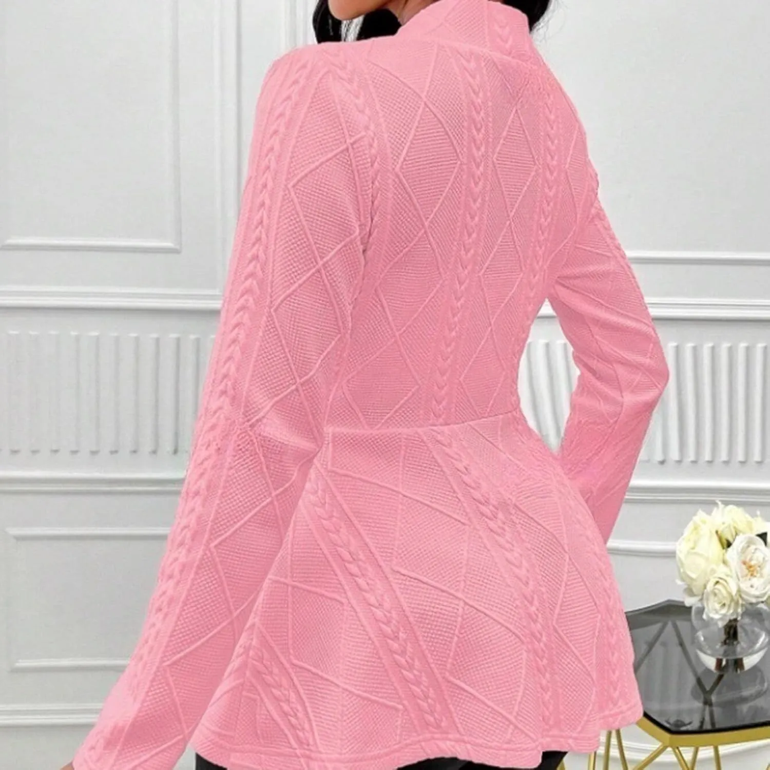 Blazer for Women Fashion Textured Ruffle Hem Blazer Long Sleeve V-Neck Single Button Shawl Collar Outerwear