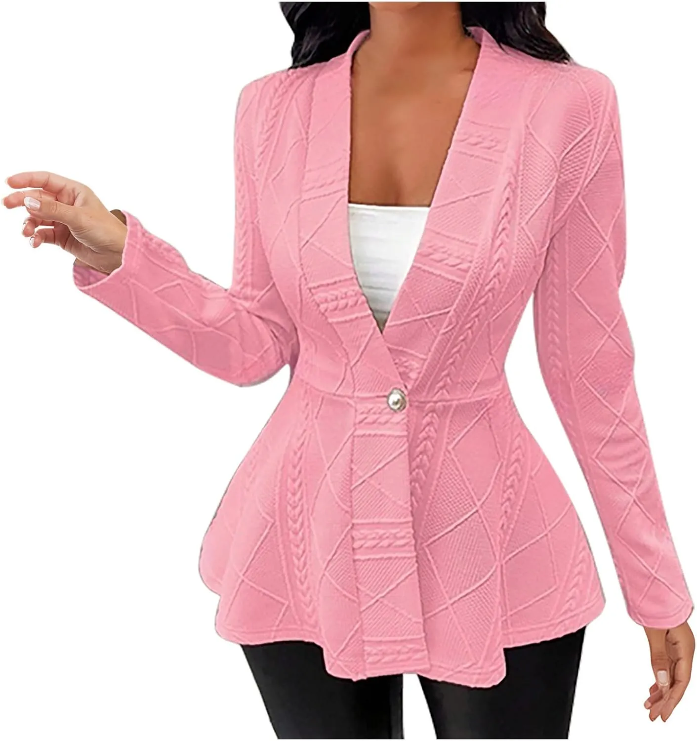Blazer for Women Fashion Textured Ruffle Hem Blazer Long Sleeve V-Neck Single Button Shawl Collar Outerwear