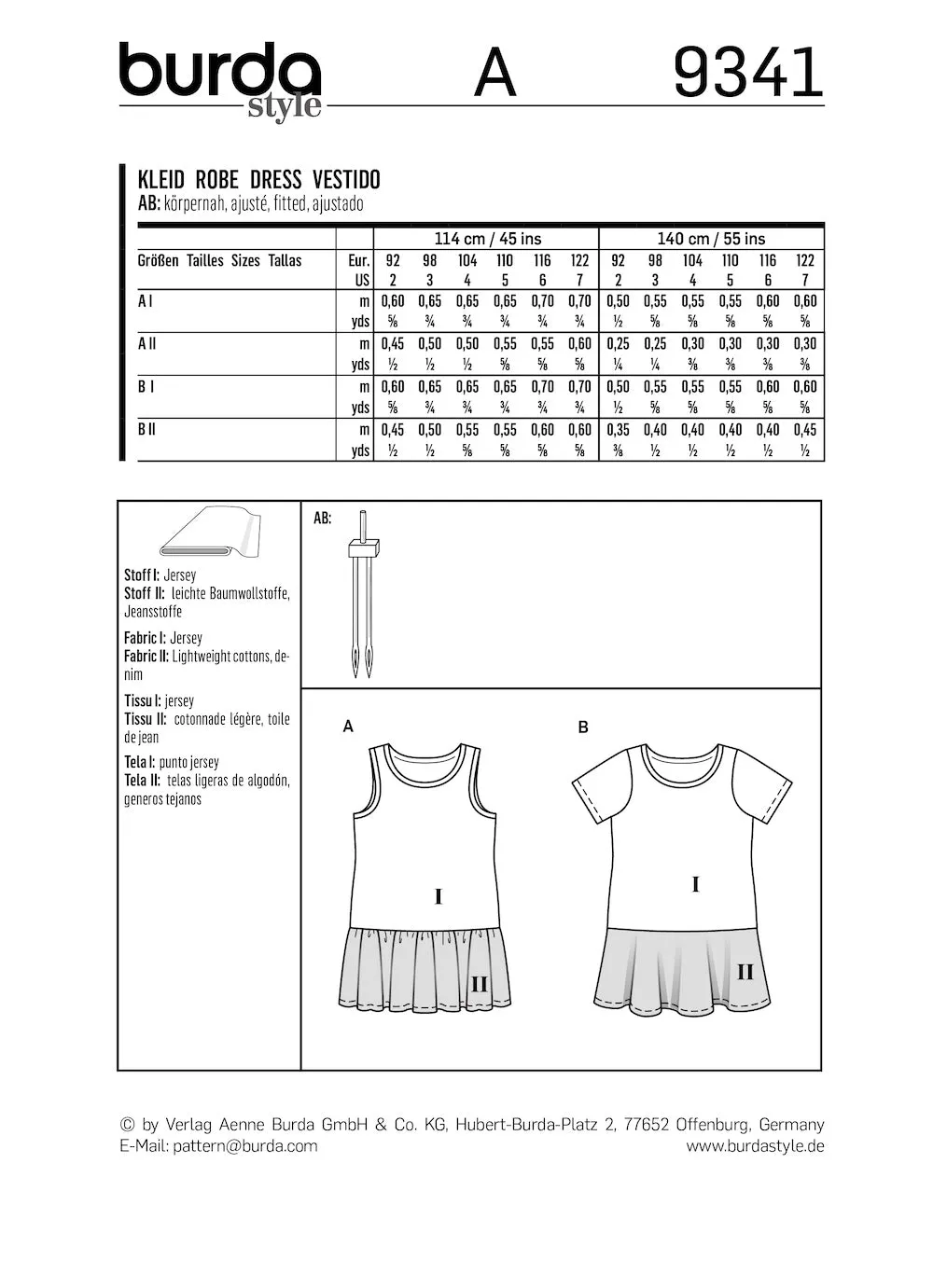 Burda Pattern 9341 Child's Summer Jersey Dresses (2-7)