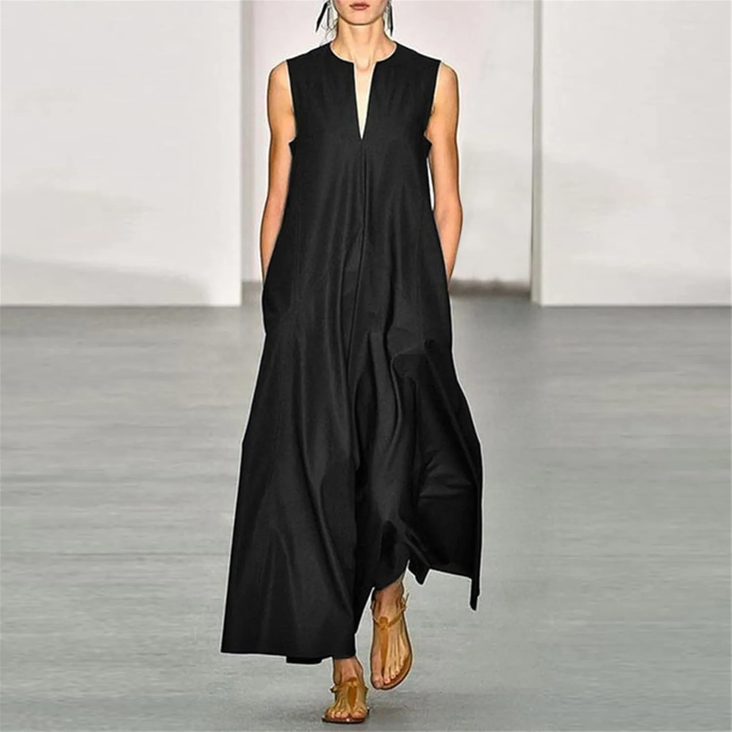 Casual Summer Dresses for Women Casual Sleeveless Crewneck Sundress Aline Flowy Tiered Maxi Long Vacation Dress