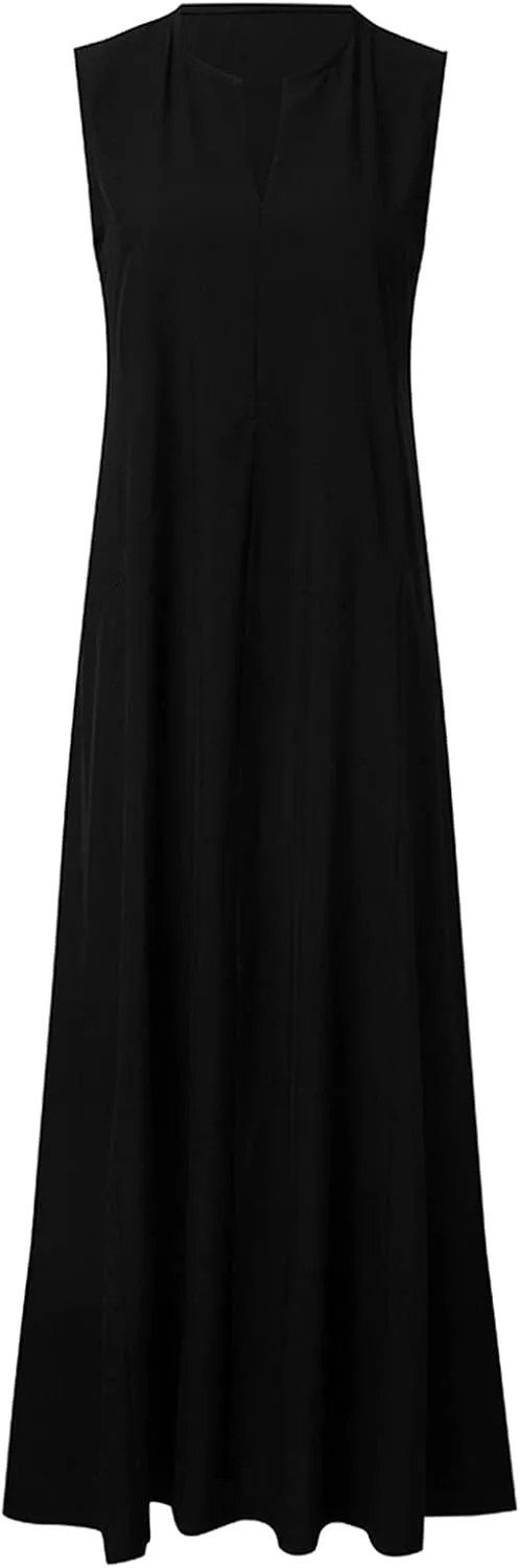 Casual Summer Dresses for Women Casual Sleeveless Crewneck Sundress Aline Flowy Tiered Maxi Long Vacation Dress