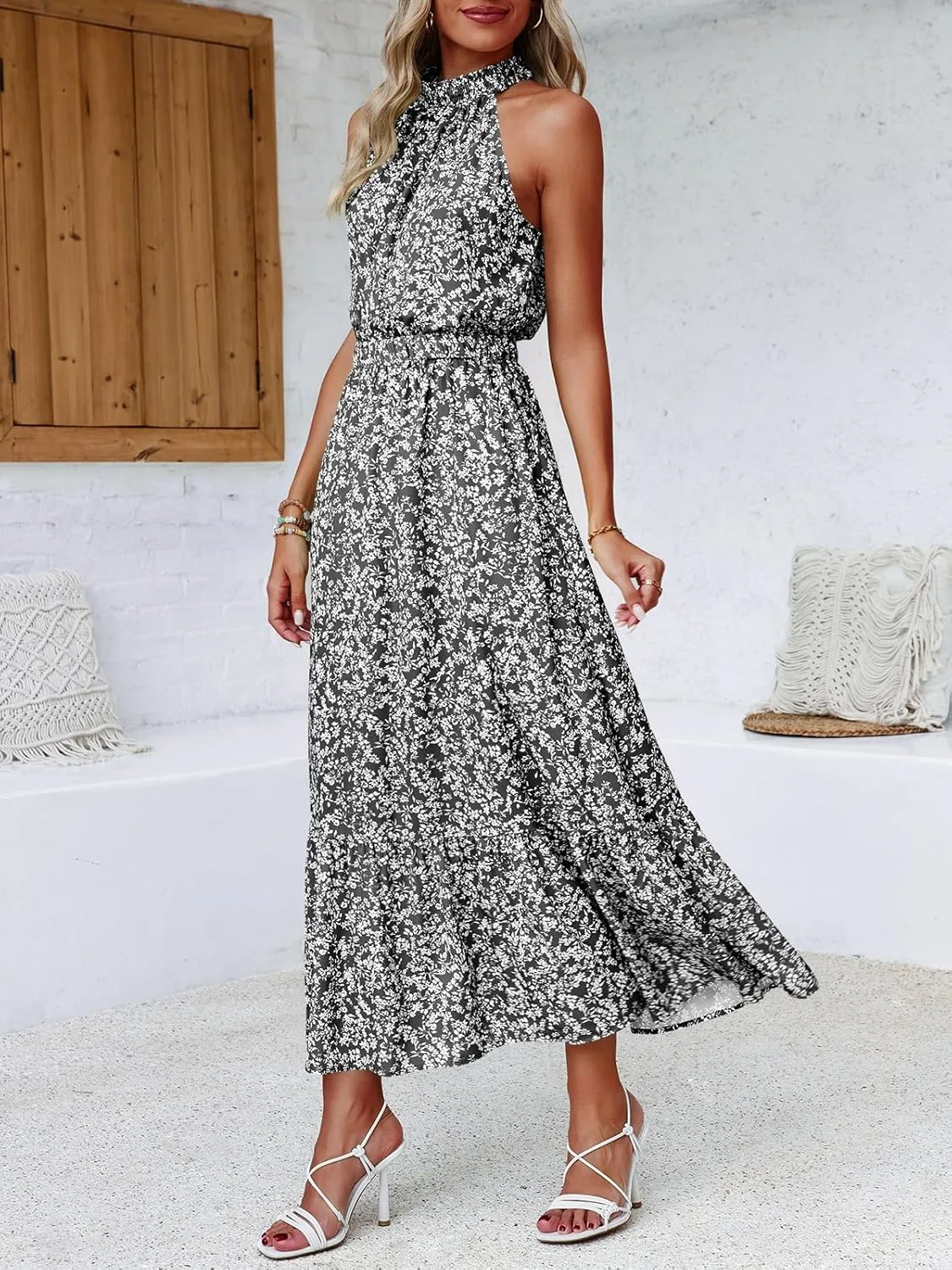 Chang Yun Maxi Summer Dresses for Women Halter Sleeveless Floral Boho Sun Vacation Outfits Long Wedding Guest Dress