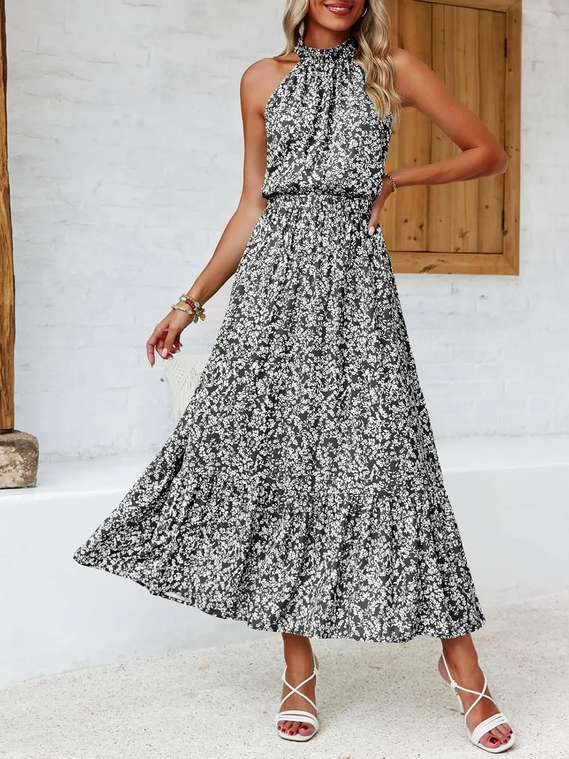 Chang Yun Maxi Summer Dresses for Women Halter Sleeveless Floral Boho Sun Vacation Outfits Long Wedding Guest Dress