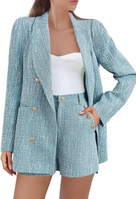 Cicy Bell Womens 2 Piece Tweed Blazer Shorts Sets Long Sleeve Double Breasted Suit Jackets Business Outfit