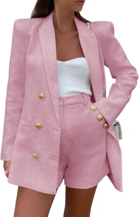 Cicy Bell Womens 2 Piece Tweed Blazer Shorts Sets Long Sleeve Double Breasted Suit Jackets Business Outfit Cicy Bell Womens 2 Piece Tweed Blazer Shorts Sets Long Sleeve Double Breasted Suit Jackets Business Outfit
