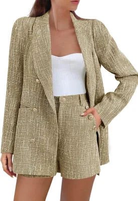 Cicy Bell Womens 2 Piece Tweed Blazer Shorts Sets Long Sleeve Double Breasted Suit Jackets Business Outfit Cicy Bell Womens 2 Piece Tweed Blazer Shorts Sets Long Sleeve Double Breasted Suit Jackets Business Outfit