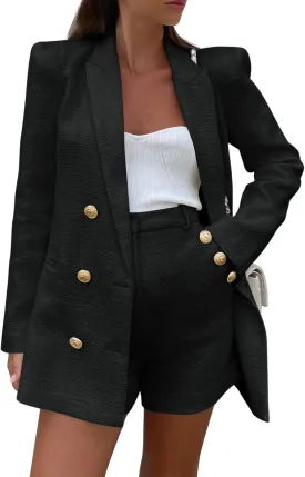 Cicy Bell Womens 2 Piece Tweed Blazer Shorts Sets Long Sleeve Double Breasted Suit Jackets Business Outfit Cicy Bell Womens 2 Piece Tweed Blazer Shorts Sets Long Sleeve Double Breasted Suit Jackets Business Outfit