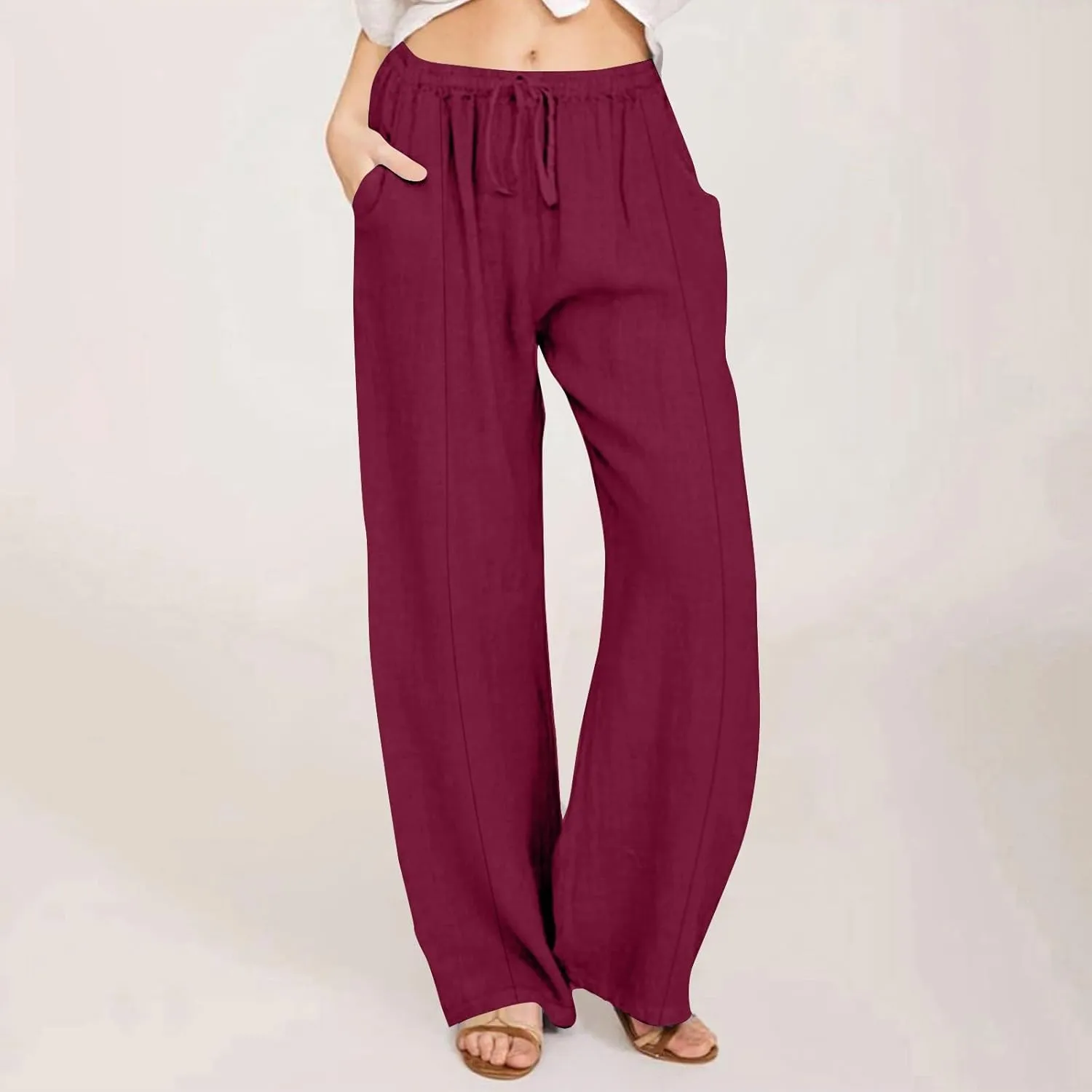 Cotton Linen Pants for Women Casual Straight Leg Trousers Drawstring High Waist Summer Wide Leg Pants with Pockets