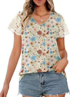 Desol Womens Summer Lace Tops Trendy 2025 Short Sleeve Tshirts Shirts Business Casual V Neck Blouses Summer Clothes