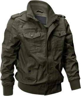 EKLENTSON Men's Cotton Lightweight Multi Pockets Zip Front Stand Collar Military Jackets Windbreaker