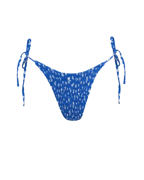 Elodie Floral Smocked Tie Side Hi Cut Bikini Bottoms in Blue