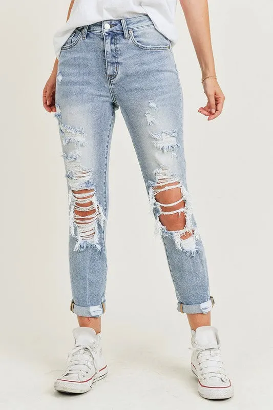 Fen Distressed Roll Cuff Relaxed Fit Skinny Jean