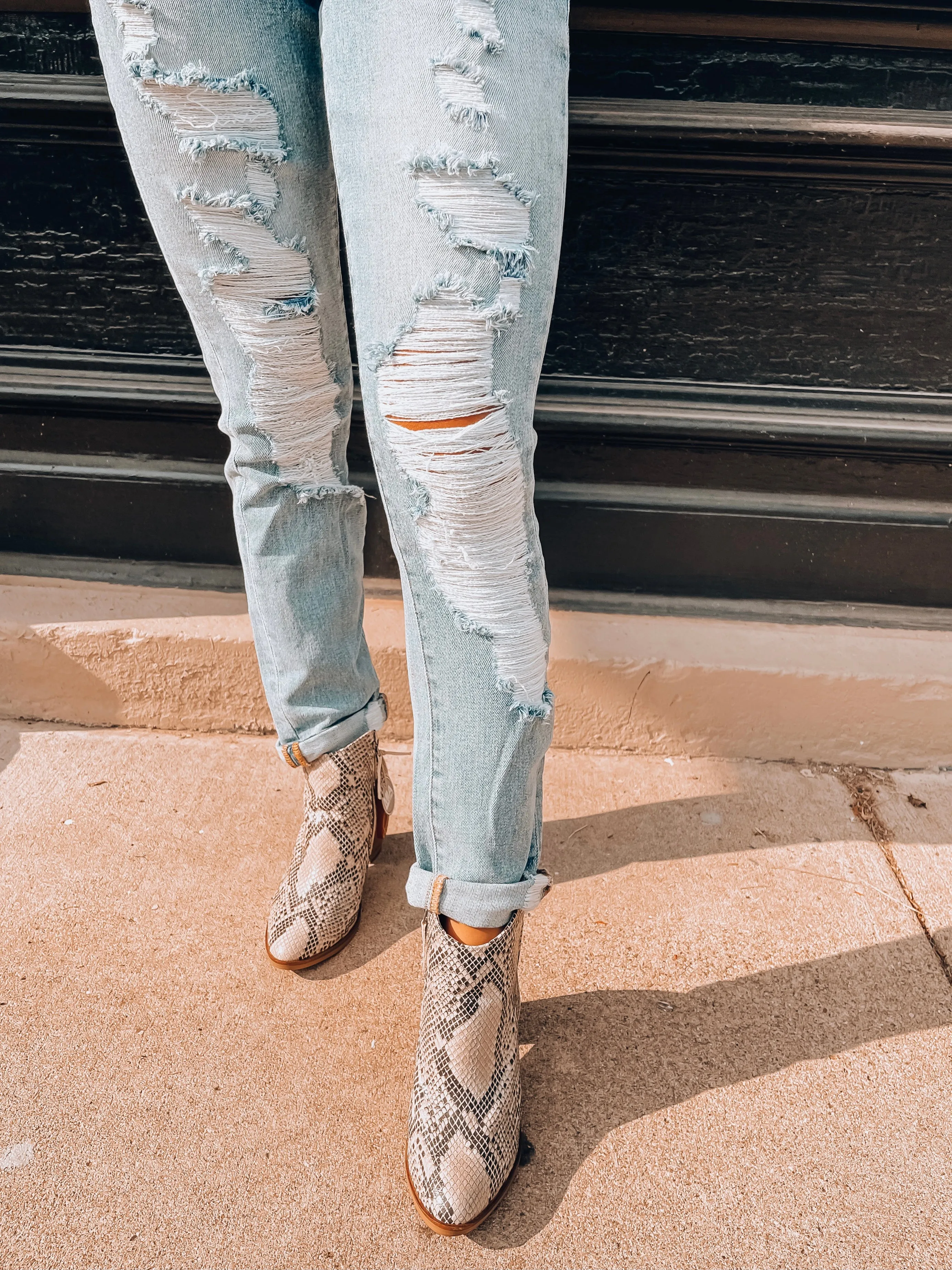 Fen Distressed Roll Cuff Relaxed Fit Skinny Jean