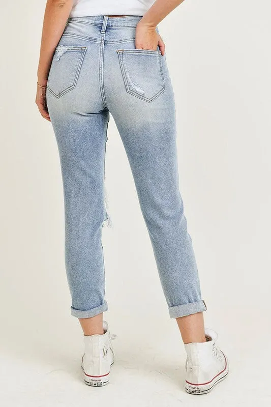 Fen Distressed Roll Cuff Relaxed Fit Skinny Jean