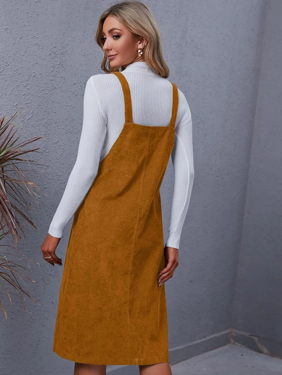 Floerns Women's Corduroy Sleeveless Solid Pinafore Pocket Overall Midi Dress