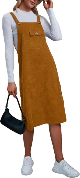 Floerns Women's Corduroy Sleeveless Solid Pinafore Pocket Overall Midi Dress