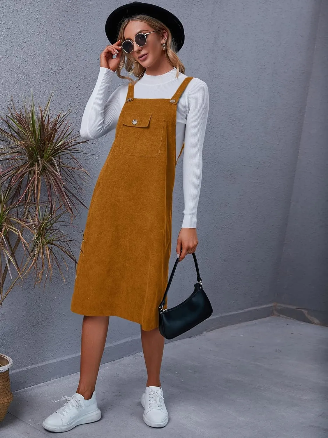 Floerns Women's Corduroy Sleeveless Solid Pinafore Pocket Overall Midi Dress