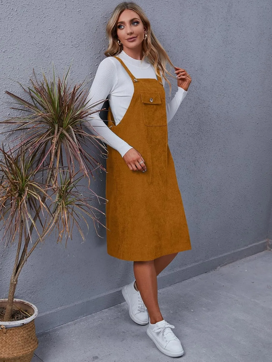 Floerns Women's Corduroy Sleeveless Solid Pinafore Pocket Overall Midi Dress