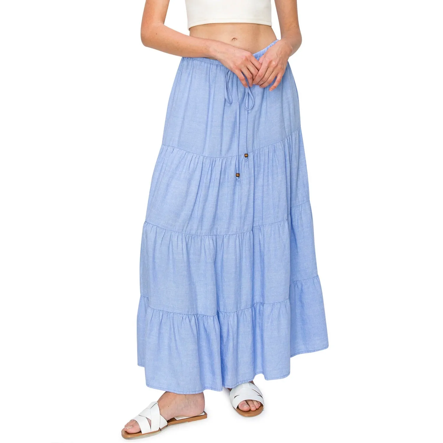 Flowy Tiered Maxi Linen Skirt - Blue