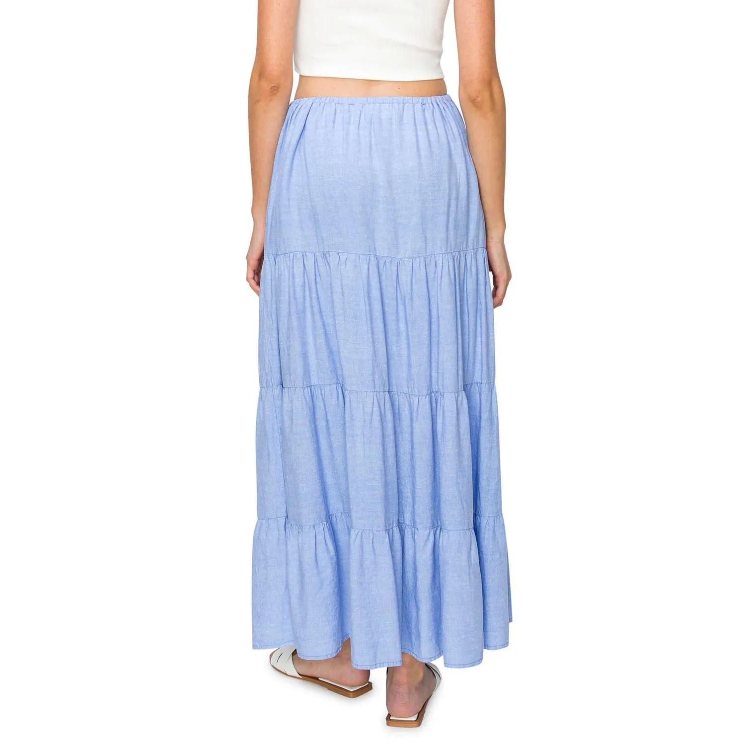 Flowy Tiered Maxi Linen Skirt - Blue