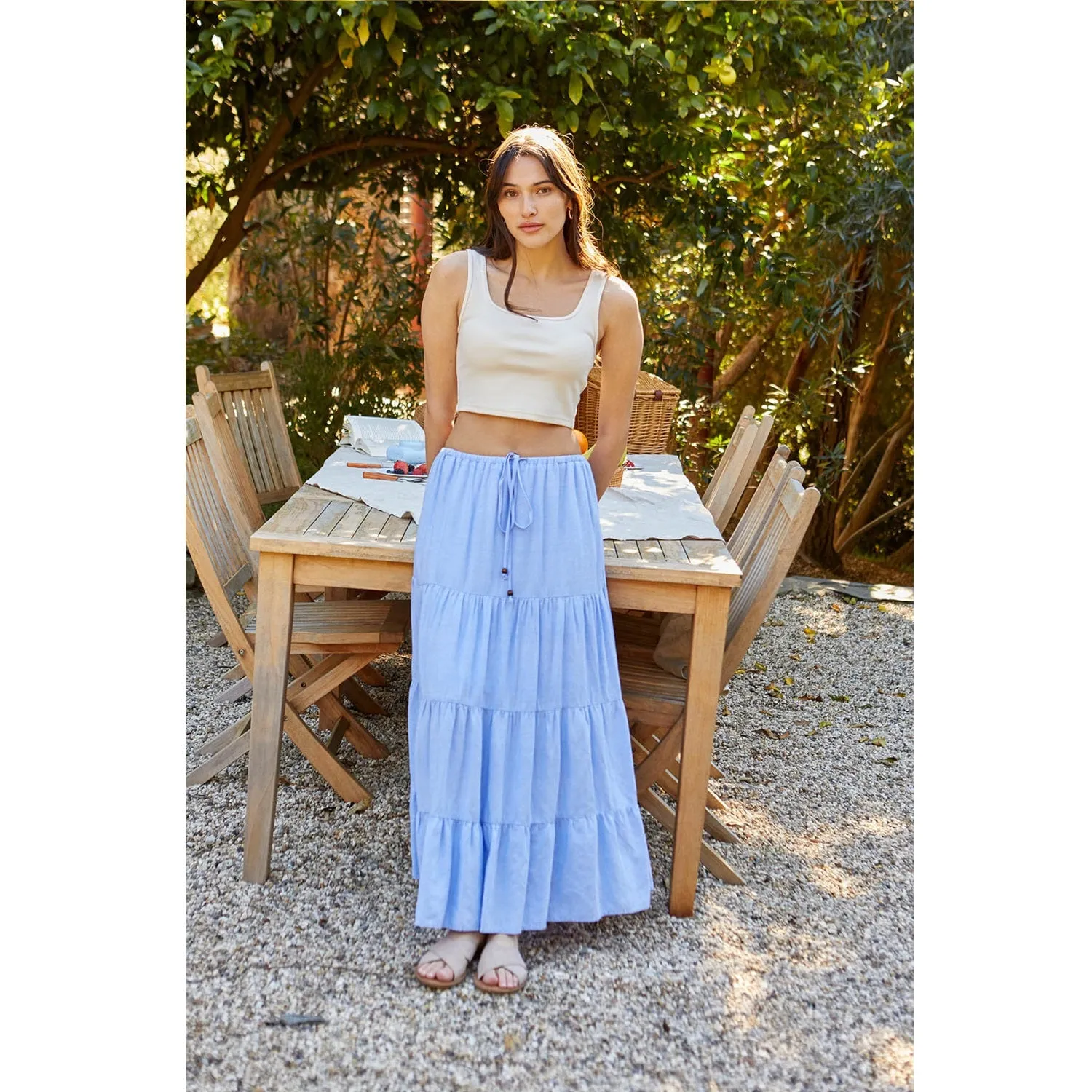Flowy Tiered Maxi Linen Skirt - Blue