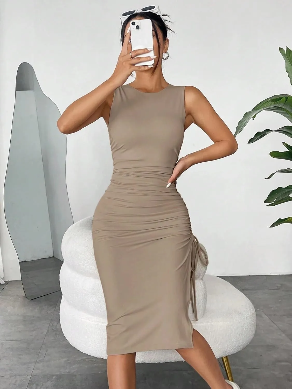 Going Vacation Cocktail Knit Sleeveless Drawstring Dress for Women Summer Dresses Leisure Party Club