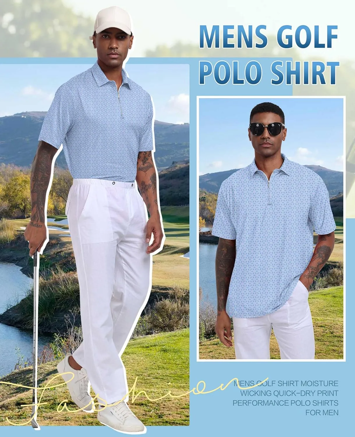 Hodaweisolp Men's Golf Shirts Dry Fit Moisture Wicking Performance Athletic Zipper Short Sleeve Polo Shirt for Men