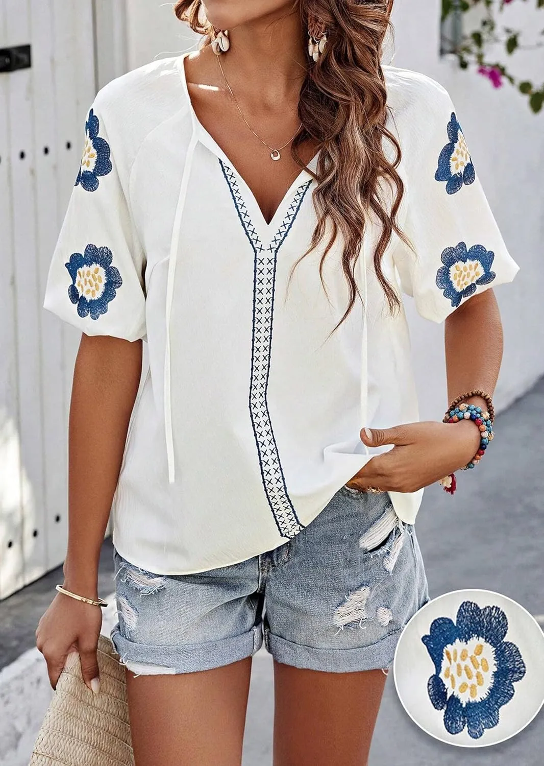 HVEPUO Summer Puff Short Sleeve Shirts for Women V Neck Boho Vacation Floral Embroidered Blouses Casual Cute Going Out Tops